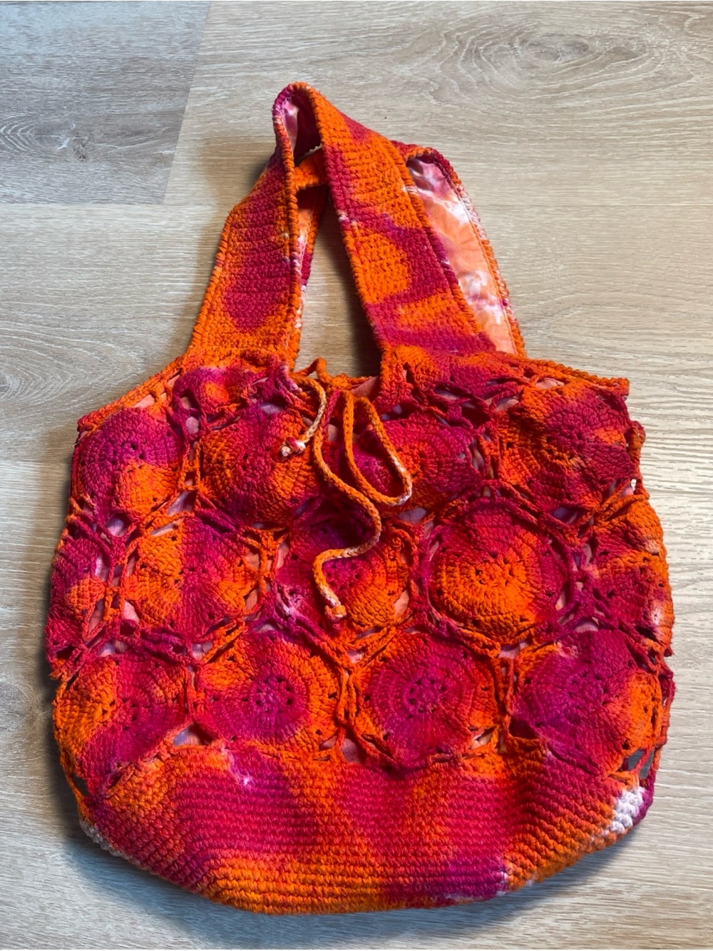 Pink Orange Crochet Knit Tie Dye Sling Shoulder Purse Market Festival Hippie Bag